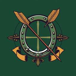 A medieval emblem featuring a prominent horseshoe and an arrow crossed together, symbolizing strength and precision