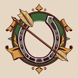 A medieval emblem featuring a prominent horseshoe and an arrow crossed together, symbolizing strength and precision