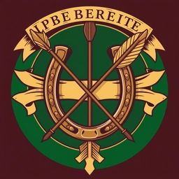 A medieval emblem featuring a prominent horseshoe and an arrow crossed together, symbolizing strength and precision