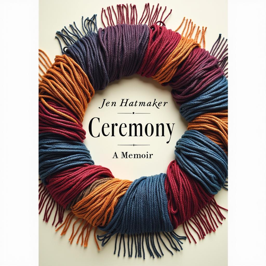 A visually striking book cover design for "Ceremony: A Memoir" by Jen Hatmaker, featuring a full circular arrangement of a beautifully woven scarf adorned with elegant fringes