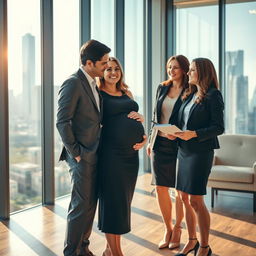 A warm and engaging scene featuring a pregnant woman standing proudly in a stylish maternity dress, alongside her male CEO partner and another woman who is a close colleague or friend