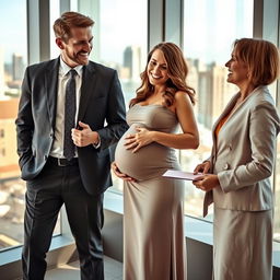 A warm and engaging scene featuring a pregnant woman standing proudly in a stylish maternity dress, alongside her male CEO partner and another woman who is a close colleague or friend