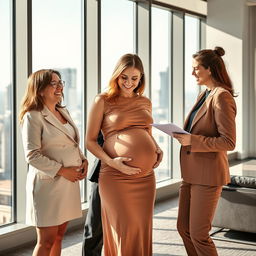 A warm and engaging scene featuring a pregnant woman standing proudly in a stylish maternity dress, alongside her male CEO partner and another woman who is a close colleague or friend