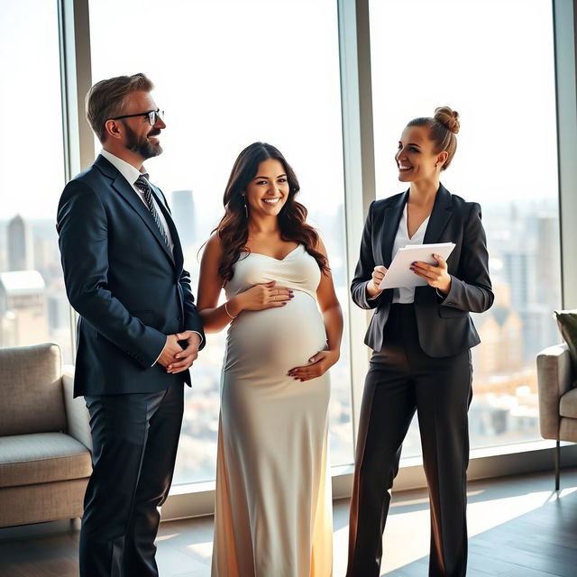 A warm and engaging scene featuring a pregnant woman standing proudly in a stylish maternity dress, alongside her male CEO partner and another woman who is a close colleague or friend