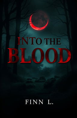 A captivating book cover design for 'Into the Blood' by Finn L, featuring a mysterious and atmospheric forest scene