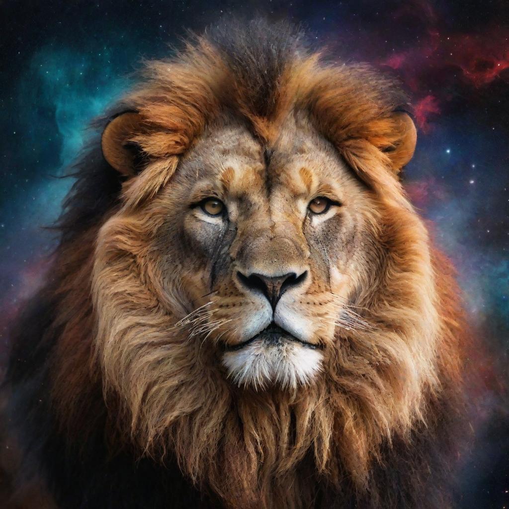 A majestic lion, mane ablaze like starlight, roaring amidst galaxies and planets in a surrealistic, cosmic universe background