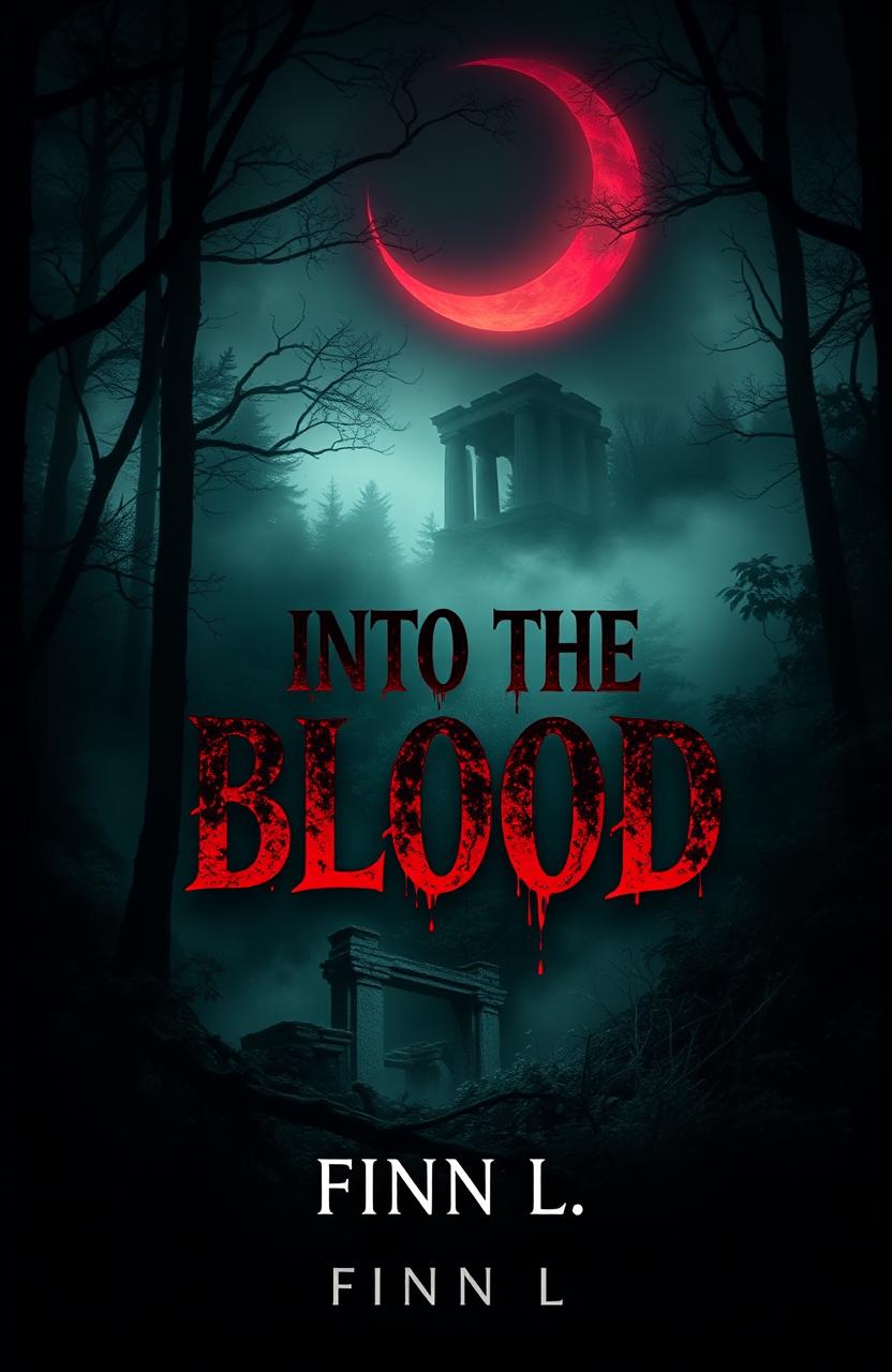 A captivating book cover design for 'Into the Blood' by Finn L, featuring a mysterious and atmospheric forest scene