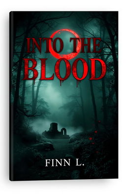 A captivating book cover design for 'Into the Blood' by Finn L, featuring a mysterious and atmospheric forest scene