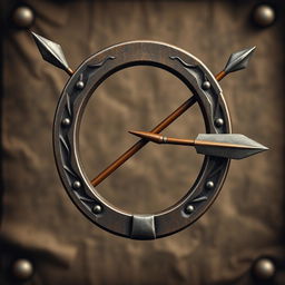 A semi-realistic medieval emblem featuring a prominently displayed horseshoe and an arrow crossed together