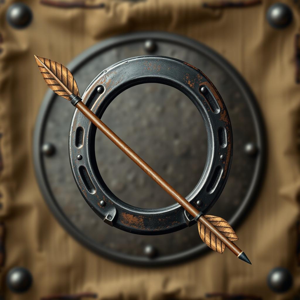 A semi-realistic medieval emblem featuring a prominently displayed horseshoe and an arrow crossed together