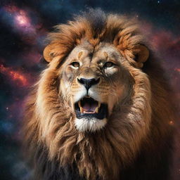 A majestic lion, mane ablaze like starlight, roaring amidst galaxies and planets in a surrealistic, cosmic universe background