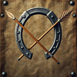 A semi-realistic medieval emblem featuring a prominently displayed horseshoe and an arrow crossed together