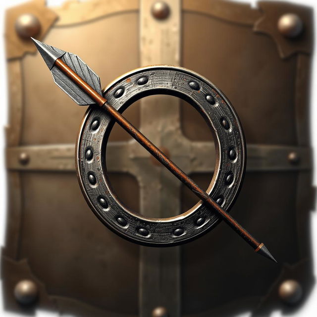 A semi-realistic medieval emblem featuring a prominently displayed horseshoe and an arrow crossed together