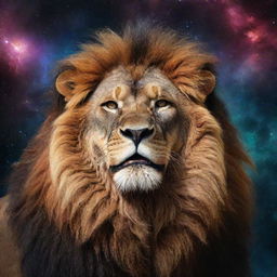 A majestic lion, mane ablaze like starlight, roaring amidst galaxies and planets in a surrealistic, cosmic universe background