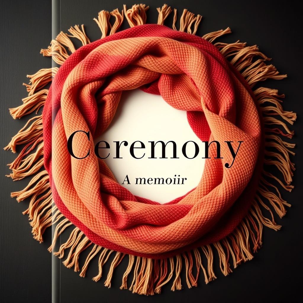 A beautiful and inviting book cover design for "Ceremony: A Memoir" by Jen Hatmaker, featuring a full circular arrangement of a woven scarf with delicate fringes that enhances its rich texture