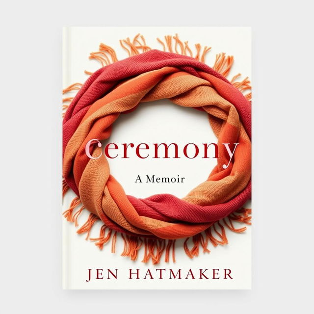 A beautiful and inviting book cover design for "Ceremony: A Memoir" by Jen Hatmaker, featuring a full circular arrangement of a woven scarf with delicate fringes that enhances its rich texture