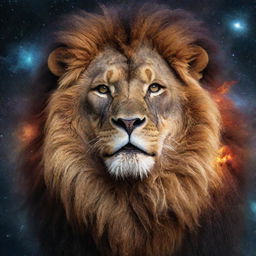 A majestic lion, mane ablaze like starlight, roaring amidst galaxies and planets in a surrealistic, cosmic universe background