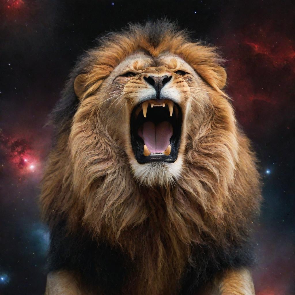 A ferocious lion roaring defiantly, its fiery eyes glinting against the backdrop of galaxies, supernovas, and celestial bodies scattered across the cosmological vastness