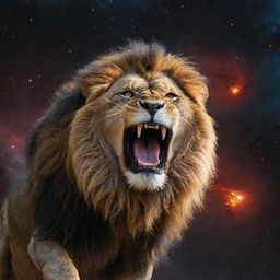 A ferocious lion roaring defiantly, its fiery eyes glinting against the backdrop of galaxies, supernovas, and celestial bodies scattered across the cosmological vastness