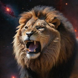 A ferocious lion roaring defiantly, its fiery eyes glinting against the backdrop of galaxies, supernovas, and celestial bodies scattered across the cosmological vastness