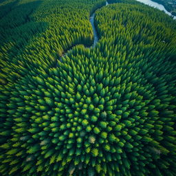 A breathtaking aerial view of a lush green forest, showcasing an intricate pattern of tree tops