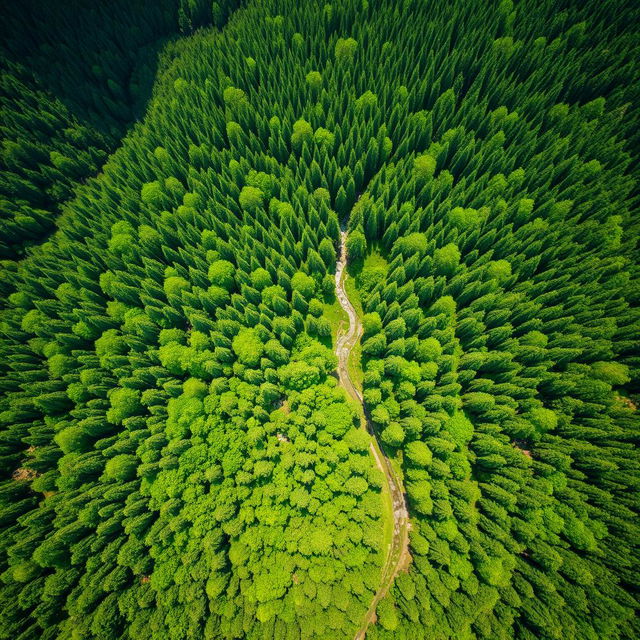 A breathtaking aerial view of a lush green forest, showcasing an intricate pattern of tree tops