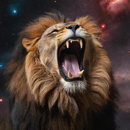 A ferocious lion roaring defiantly, its fiery eyes glinting against the backdrop of galaxies, supernovas, and celestial bodies scattered across the cosmological vastness