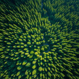A breathtaking aerial view of a lush green forest, showcasing an intricate pattern of tree tops