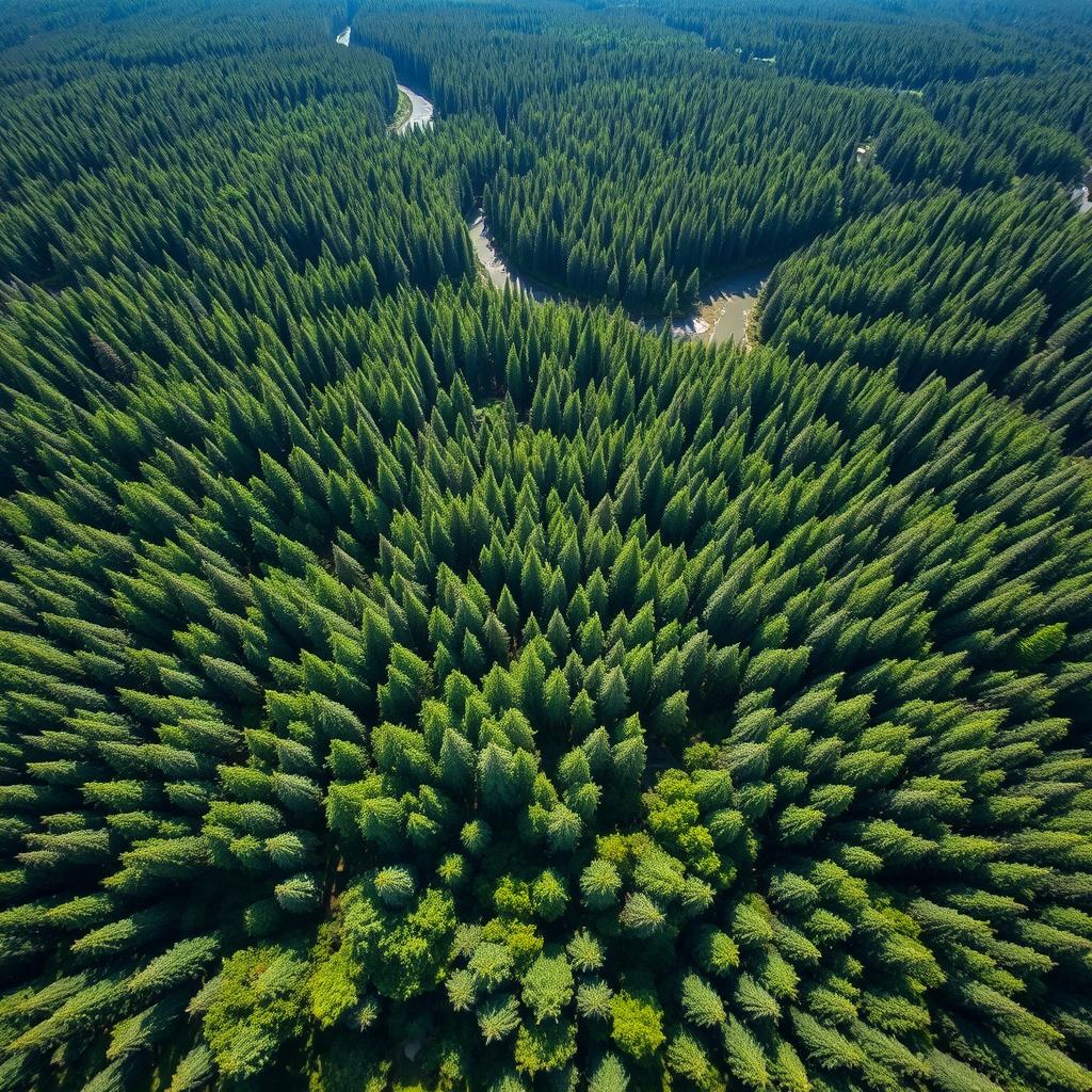 A breathtaking aerial view of a lush green forest, showcasing an intricate pattern of tree tops