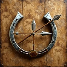 A medieval emblem incorporating a horseshoe and an arrow, designed to resemble a bow and arrow
