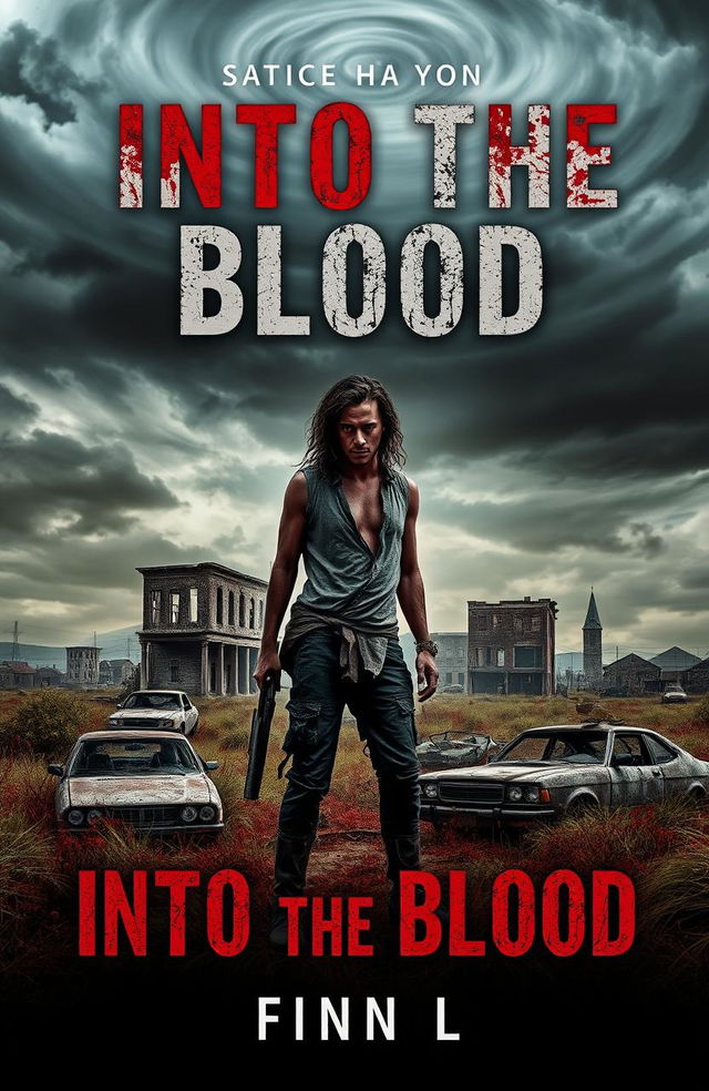 An apocalyptic book cover for 'Into the Blood' by Finn L, featuring a desolate landscape with crumbling buildings and a dark, ominous sky filled with swirling clouds