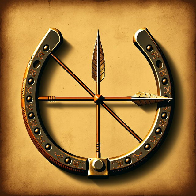A medieval emblem incorporating a horseshoe and an arrow, designed to resemble a bow and arrow