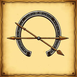 A medieval emblem incorporating a horseshoe and an arrow, designed to resemble a bow and arrow