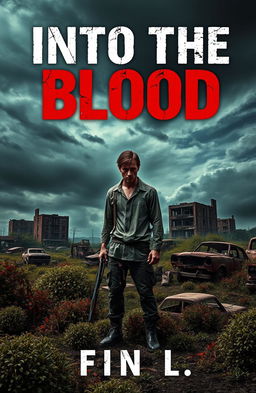 An apocalyptic book cover for 'Into the Blood' by Finn L, featuring a desolate landscape with crumbling buildings and a dark, ominous sky filled with swirling clouds