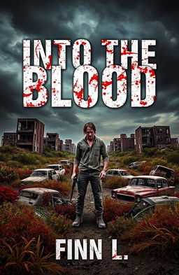 An apocalyptic book cover for 'Into the Blood' by Finn L, featuring a desolate landscape with crumbling buildings and a dark, ominous sky filled with swirling clouds