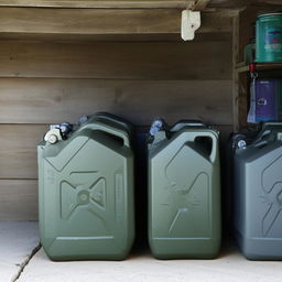 3 10-liter jerry cans in garage