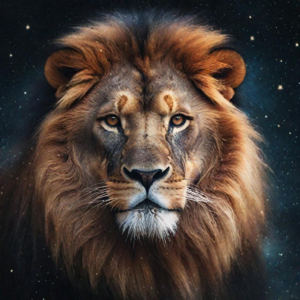 An abstract rendition of a lion, its form illuminated as a constellation of stars in the expanse of the mesmerizing cosmic universe