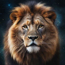 An abstract rendition of a lion, its form illuminated as a constellation of stars in the expanse of the mesmerizing cosmic universe