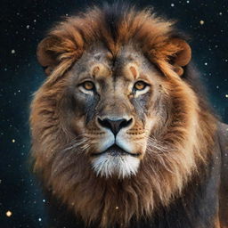 An abstract rendition of a lion, its form illuminated as a constellation of stars in the expanse of the mesmerizing cosmic universe