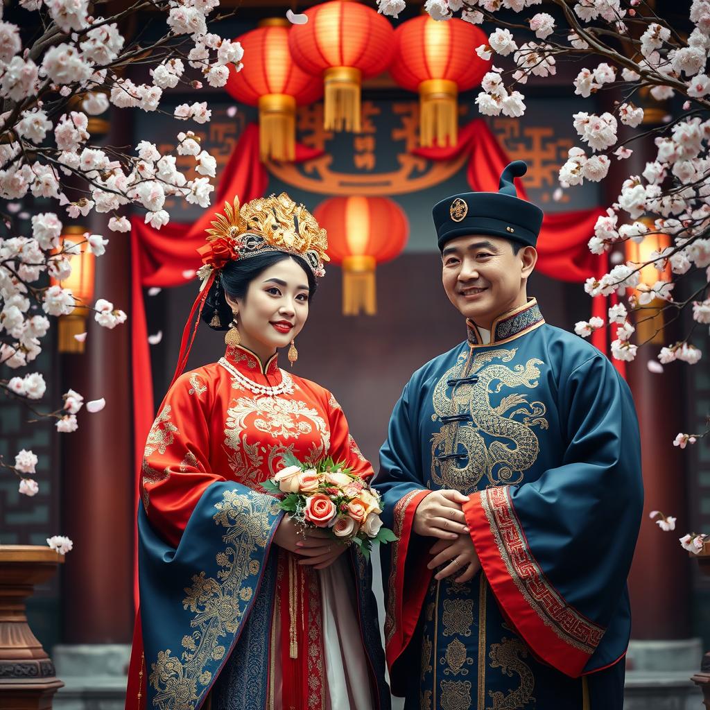 An exquisite ancient Chinese wedding scene featuring a traditional bride and groom in elaborate, colorful attire