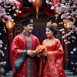 An exquisite ancient Chinese wedding scene featuring a traditional bride and groom in elaborate, colorful attire