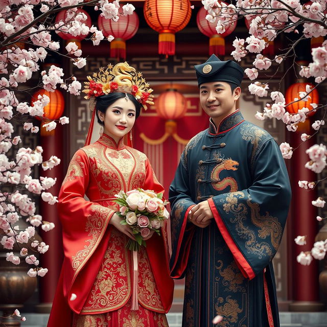 An exquisite ancient Chinese wedding scene featuring a traditional bride and groom in elaborate, colorful attire