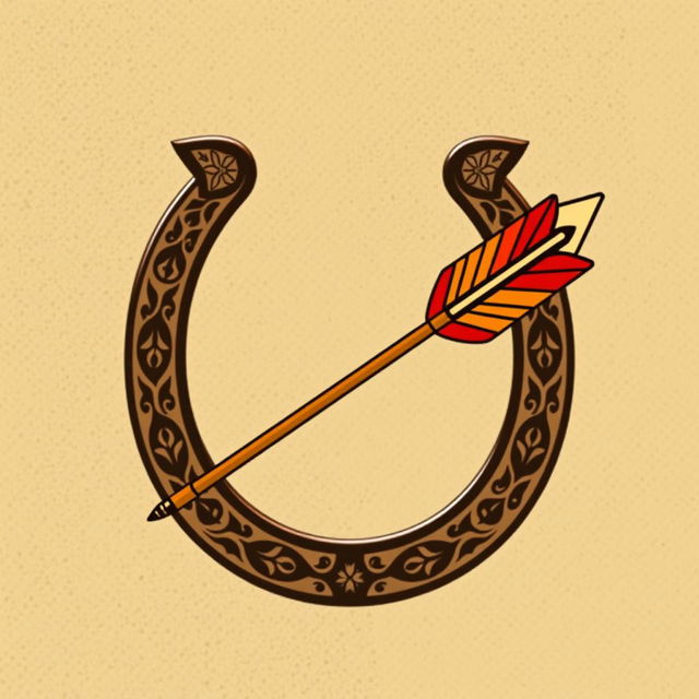 A Mongolian medieval emblem featuring a horseshoe and an arrow, designed to creatively resemble a bow and arrow