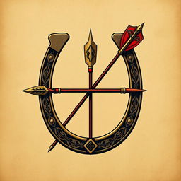 A Mongolian medieval emblem featuring a horseshoe and an arrow, designed to creatively resemble a bow and arrow