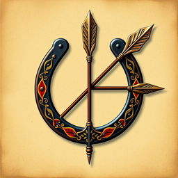 A Mongolian medieval emblem featuring a horseshoe and an arrow, designed to creatively resemble a bow and arrow