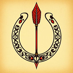 A Mongolian medieval emblem featuring a horseshoe and an arrow, designed to creatively resemble a bow and arrow