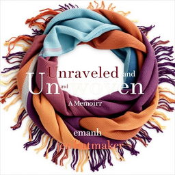 A captivating book cover design for "Unraveled and Unwoven: A Memoir" by Jen Hatmaker, featuring a full circular layout of a beautifully crafted woven scarf with intricate fringes