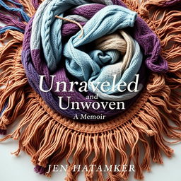 A captivating book cover design for "Unraveled and Unwoven: A Memoir" by Jen Hatmaker, featuring a full circular layout of a beautifully crafted woven scarf with intricate fringes