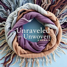 A captivating book cover design for "Unraveled and Unwoven: A Memoir" by Jen Hatmaker, featuring a full circular layout of a beautifully crafted woven scarf with intricate fringes