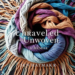 A captivating book cover design for "Unraveled and Unwoven: A Memoir" by Jen Hatmaker, featuring a full circular layout of a beautifully crafted woven scarf with intricate fringes